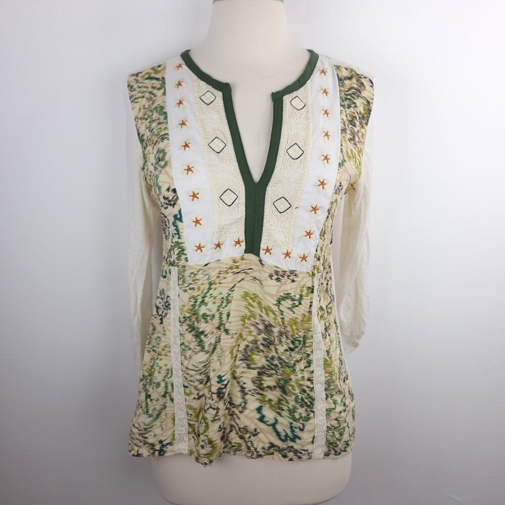 Anthropologie Tiny Elsinore Peasant Embroidered Top Green Cream Size XS
